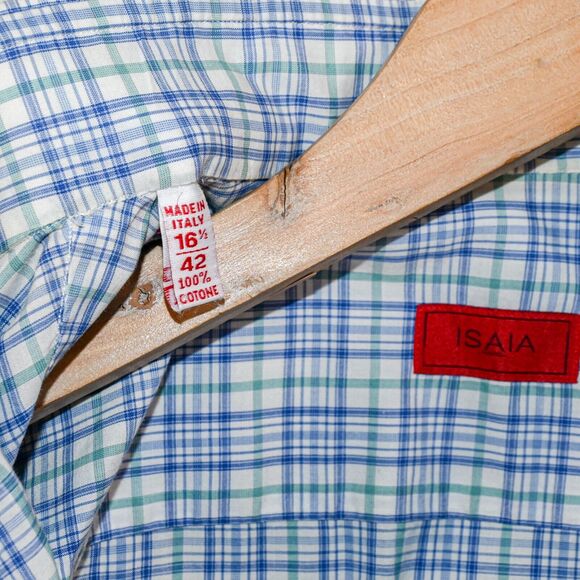 ISAIA Napoli Men's Button up Dress Shirt in Blue gren check cotton size 16 1/2 - Picture 8 of 8